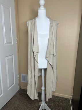 Banana Republic Beige Boho Sleeveless Long Waffle Knit Open Front Cardigan Med